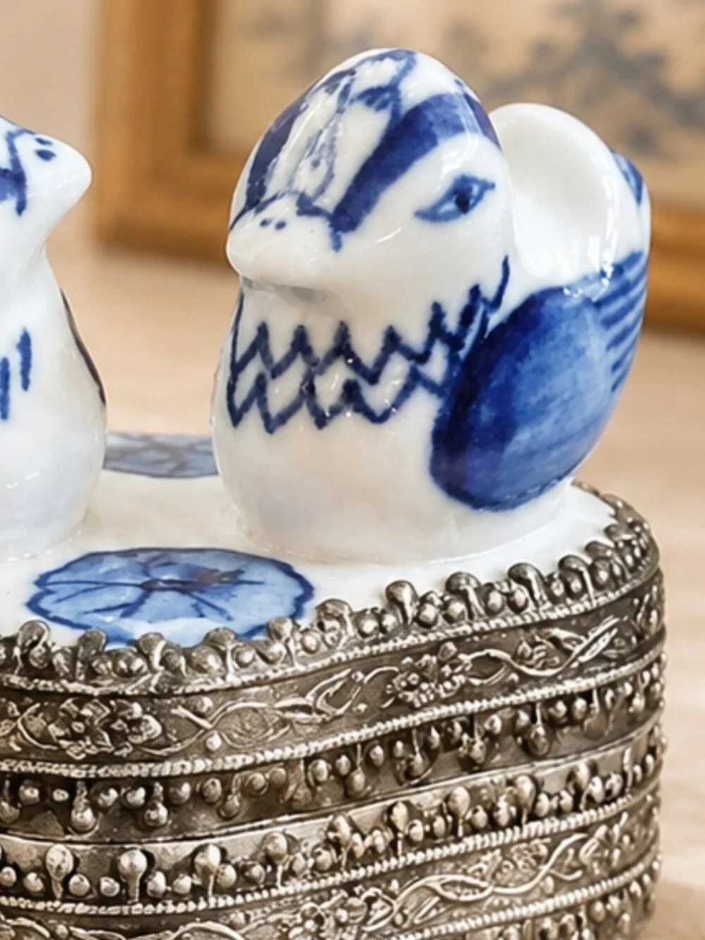 Vintage Blue & White Chinese Silver Plated Trinket Box With Hand-Painted Birds